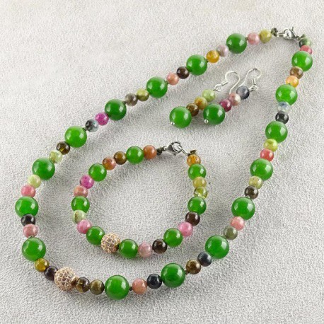 مجموعه گردنبند،دستبند و گوشواره سنگ یشم و تورمالین