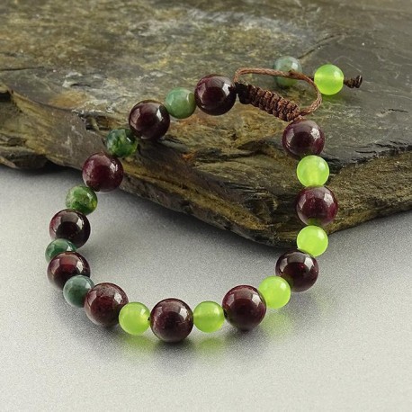 دستبند بافت سنگ گارنت،جیدشاه مقصود و عقیق خزه ای