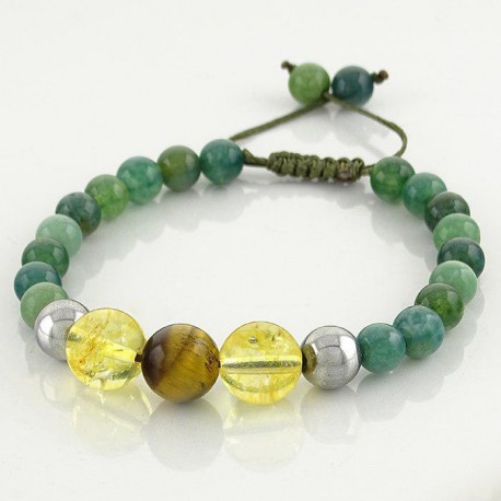 دستبند بافت سنگ عقیق خزه،حدید،سیترین و چشم ببر