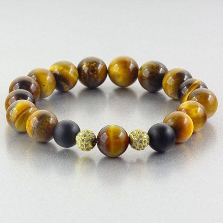 دستبند سنگ طبیعی چشم ببر و عقیق سیاه مات